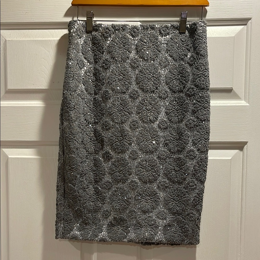 Ann Taylor Gray satin/crochet overlay Pencil Skirt NWT